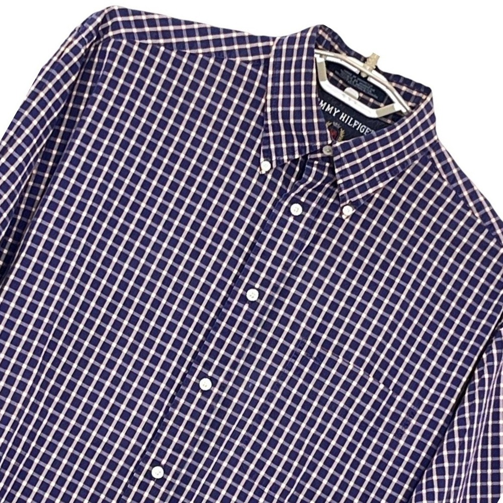 Tommy Hilfiger Mens Shirt L Blue Purple Check Long Sleeve Crest Logo 90s Vintage